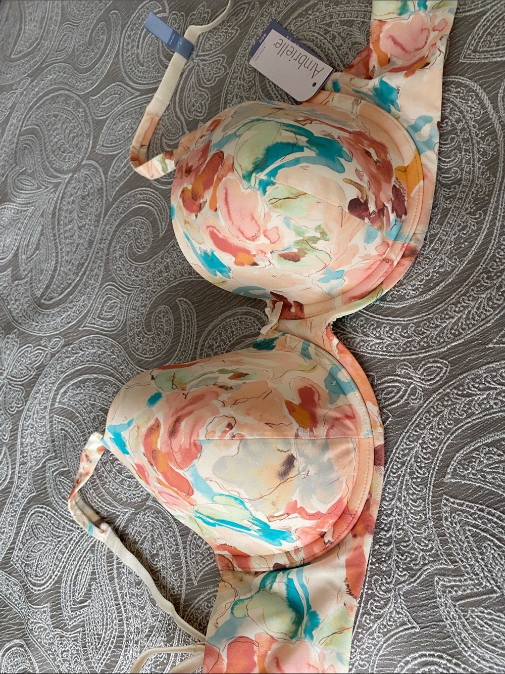 Ambrielle Cream Floral Underwire Bra with Pink & Teal Accents